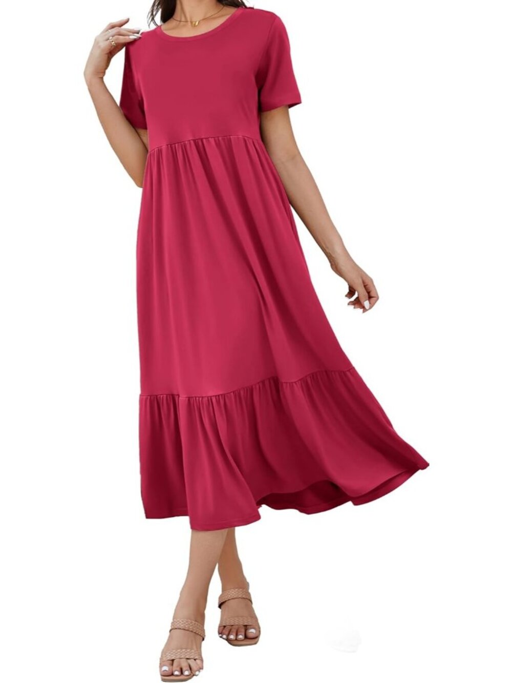 Women's Rose Stylish Sundress Short Sleeve Tiered Beach with Pockets Maxi Dress - Picture 5 of 5